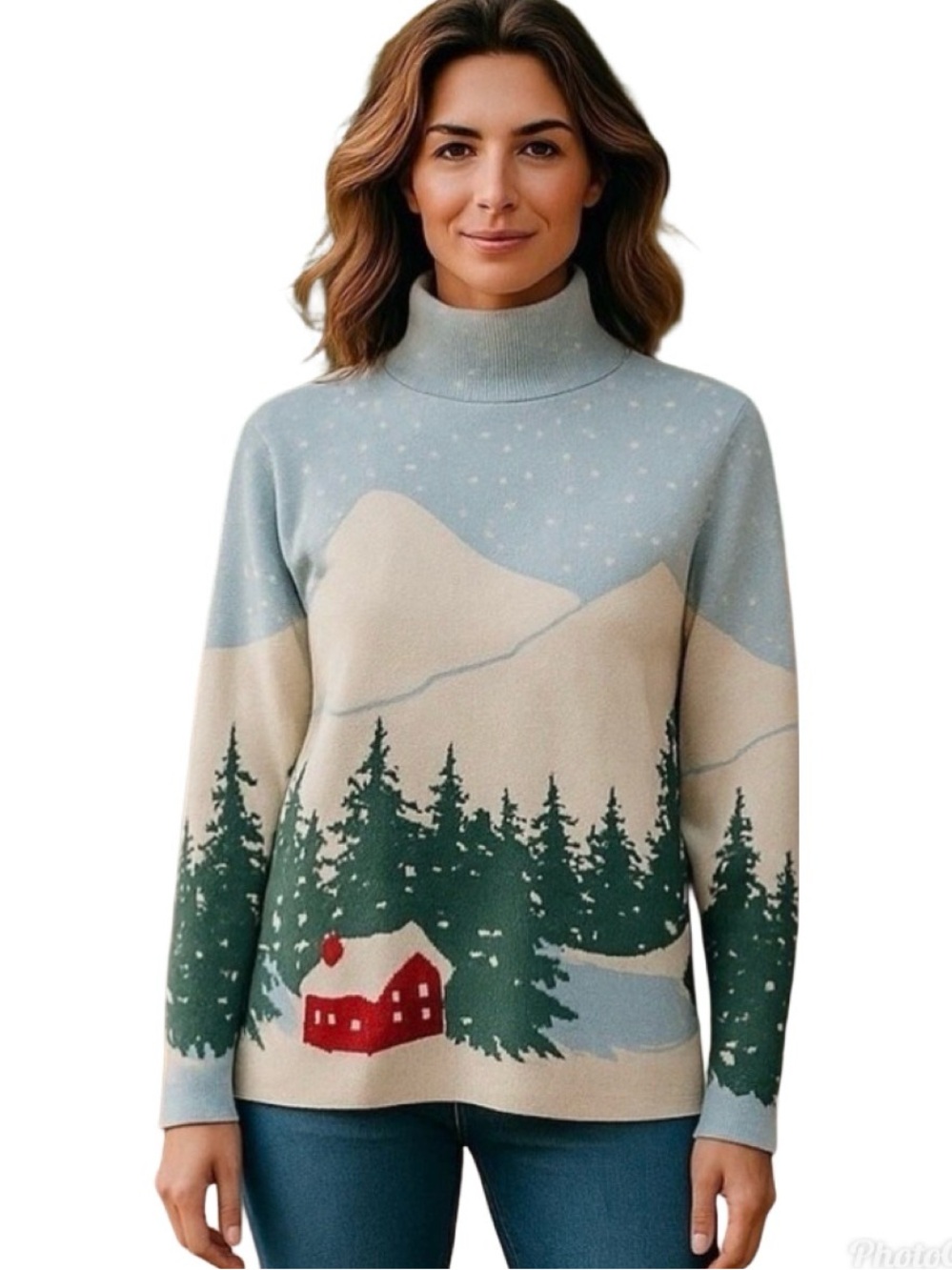 NEW Tahari Mock Neck Cabin Winter Scene Cozy Sweater M